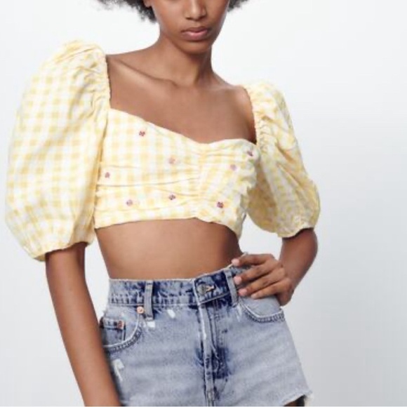 Zara Gingham Plaid Beaded Crop Top Open Back Puff Sleeves Yellow XL - Picture 1 of 8